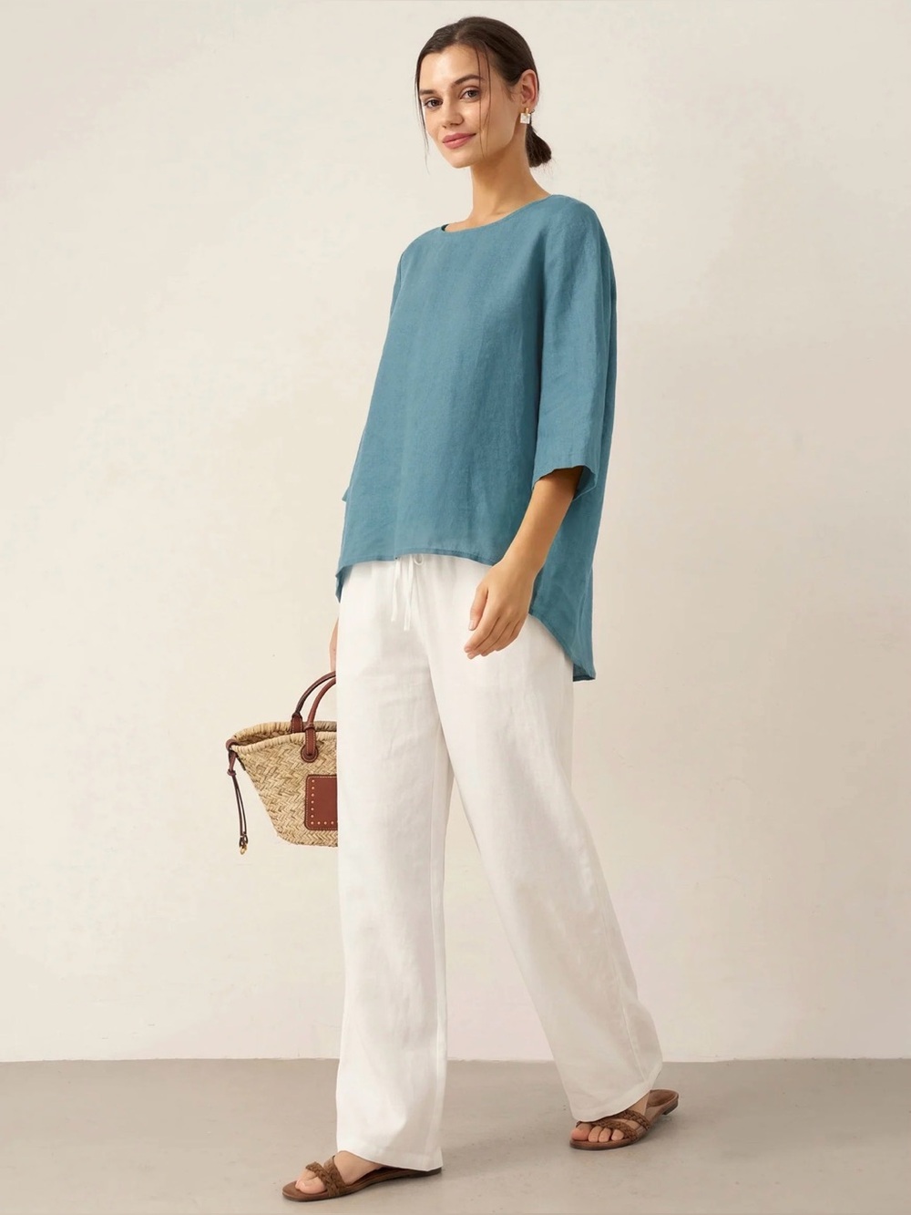 Lintico Top BRIANNA 100% Linen Round Neck Asymmetrical Hem, Size S